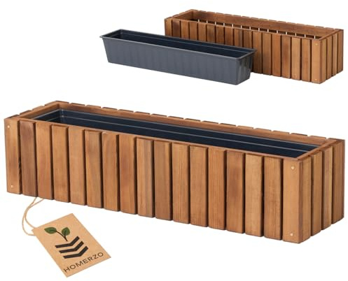 HOMERZO Jardinera de madera rectangular para flores – marrón impregnado, con inserto de plástico extraíble – Maceta para balcón, jardín y terraza (Vertical-marrón, 86x23 H20)