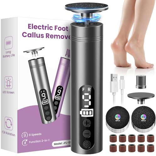 Rapeuse Pieds Électrique Puissante, 2-en-1 Ponceuse Pieds et Lime Ongles avec Écran LED, 9 Vitesses, Rechargeable, Kit Râpe Pieds Professionnel pour Pédicure, Callosités, Peaux Mortes, Gris