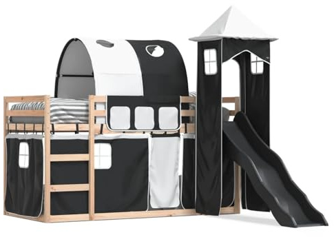 Gecheer Solid Pine Wood Bunk Bed with Slide & Guardrails, Suitable for Kids 6+ - Anthracite Slide, White & Black Curtain Set bed Model3284161