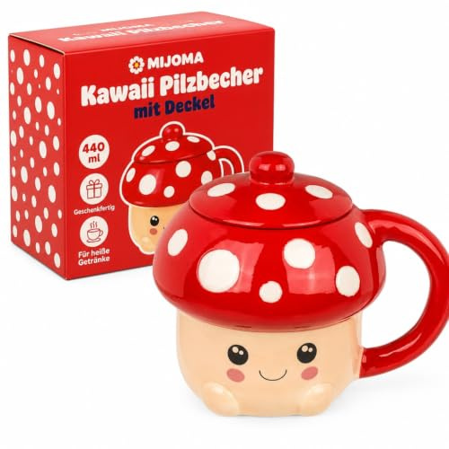 MIJOMA Becher Kawaii Pilz mit Deckel 440ml – Tasse aus Dolomit mit Gesicht – Geschenkidee für Pilz-Fans & Trend-Liebhaber – niedlicher Kaffeebecher Pilzdesign