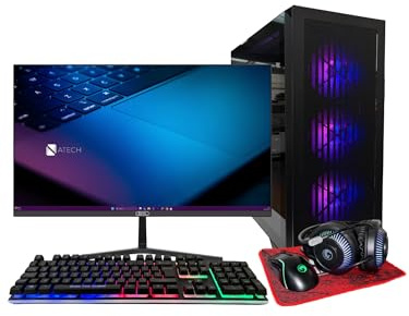 ATech Typhoon 5 Gaming PC Bundle – Intel Core i5 | GTX1030 GPU | 16GB RAM | 1TB HDD | 240GB SSD | Glass RGB 4 Fan Gaming Case | WiFi | Win 11 Pro | 27” 1080 Monitor | RGB Keyboard/Mouse Bundle