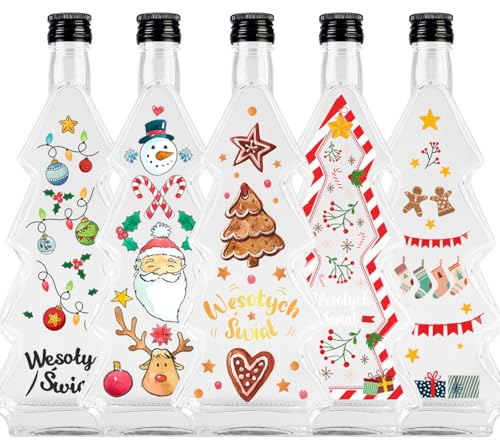 SUPERBUTELKI.PL Set da 5 bottiglie in vetro Tannenbaum da 500 ml - bottiglie di Natale vuote con etichette per liquori, sciroppi e prodotti fatti in casa (motivo misto)
