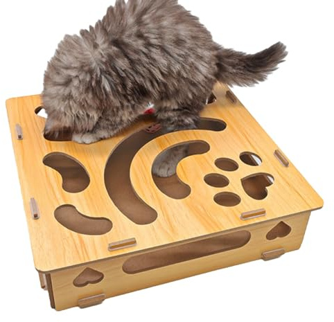 Boîte D'enrichissement De Puzzle À Gratter Pour Chat – Jouet Interactif 28,5 X 28,5 X 7 Cm, Caisse En Bois, Jeu D'engagement Mental Avec Boules De Cloche Et Activité Au Sol | Entraînement Intérieur Et