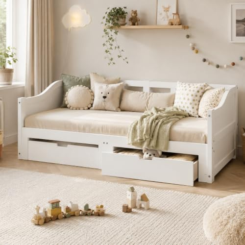 YGHQAP Cama de día extensible 90/180 x 200 cm, cama nido de la misma altura, madera maciza con 2 cajones, sofá cama de invitados, cama de día, cama infantil, cama doble con somier, sin colchón
