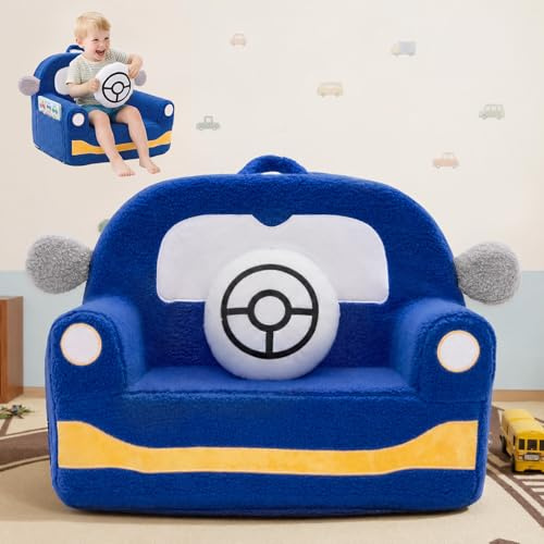 OUOZZZ Toddler Chair 1–3 Years Old, Kids Chair Comfy Car Sofa with Cushion Handle & Book Pocket, Soft Sherpa Foam Seat for Boys, Lightweight Baby Couch for Playroom Bedroom