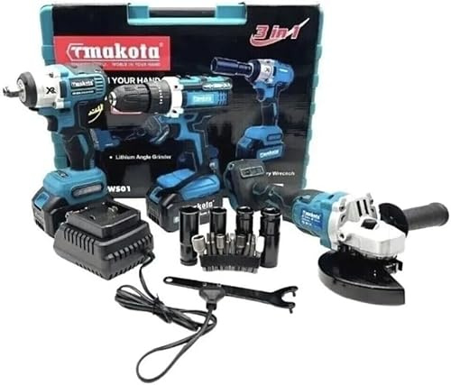 Kit 3 in 1 Trapano Avvitatore + Avvitatore a Impulsi + Smerigliatrice a Batteria e comoda valigetta in plastica resistente