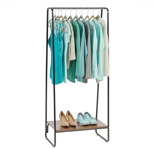 IRIS USA Clothes Rack for Hanging Clothes with Bottom Wood Shelf, Freestanding Clothing Rack, Easy to Assemble Garment Rack, Metal, Sturdy Design, Multipurpose, Small Space Storage Solution, Black