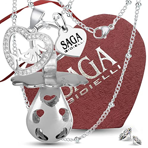 SAGA GIOIELLI® Collar llamador de ángeles EMBARAZO bola mexicana chupete corazón de mamá cristal acero inoxidable, MODELLO, Acero inoxidable, No es una piedra preciosa