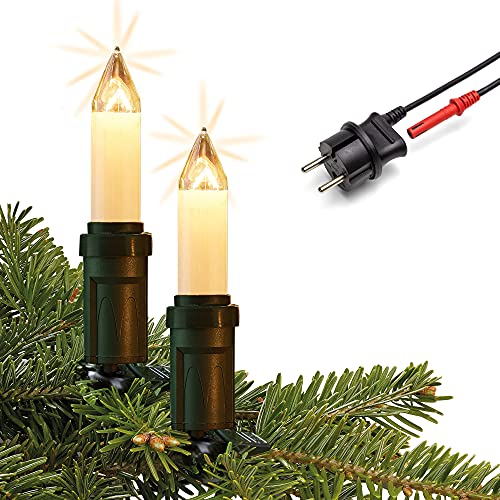 hellum Lichterkette Weihnachtsbaum, 15 Weihnachtsbaum Kerzen weiß mit Clip, Weihnachtsbeleuchtung außen, Lichterkette außen warmweiß 14,0 m beleuchtet, Kabelfarbe schwarz < 59 Lumen 530926