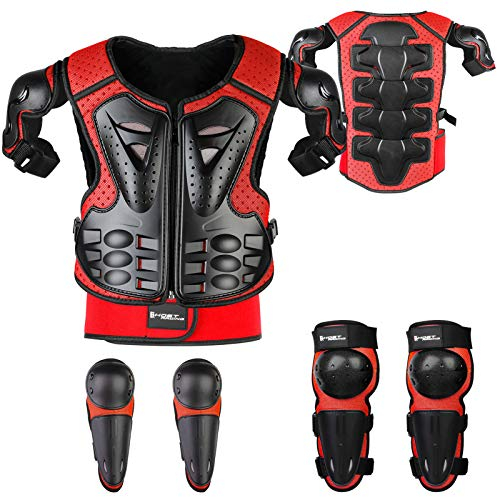 Fansport Armatura Moto Per Bambini, 5 Pezzi Set Di Armatura Da Moto Protezione Di Motocross Per Bambini Ginocchiere Traspiranti Gomito Pettorina Per Tutti I Terreni, Ciclismo, Sci, Pattinaggio (Rosso)