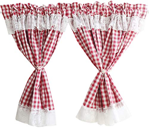 ACMHNC Scheibengardine Landhaus Vintage, Karierte Küche Gardine mit Spitze, Kurzstores Gardinen Kleinfenster Kurz Bistrogardine 2er Set,W x H 115x130cm