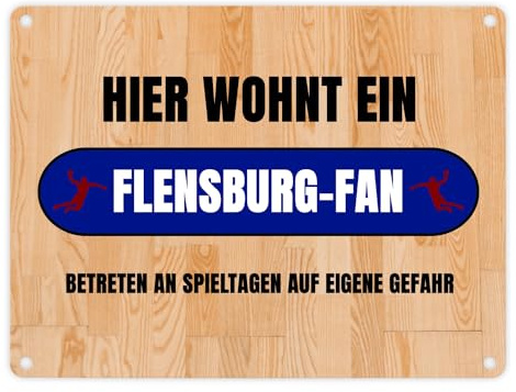 Hier wohnt ein Flensburg-Fan Metallschild in 15x20 cm mit Turnhallenboden Motiv Sportfan Flensburg Sport Sportler