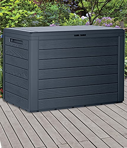 URBNLIVING Anthracite 190L Wood Design Outdoor Storage Box Garden Patio Plastic Chest Lid (Horizontal Stripes, Pack of One)