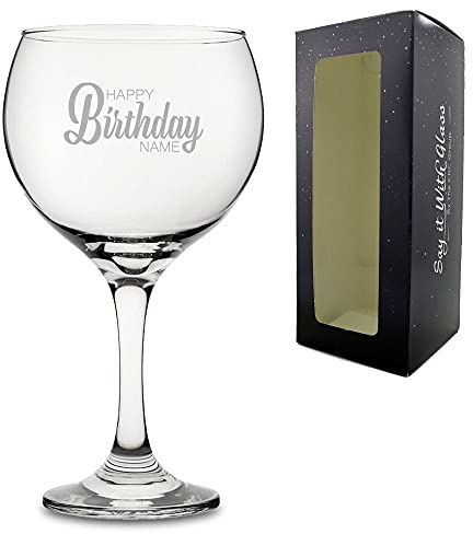 Personalised Engraved Gin Balloon Cocktail Glass with Happy Birthday Name Design, Gift Boxed, Personalise with Any Name