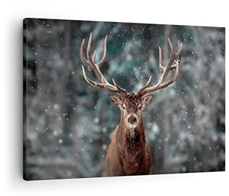 Bilder auf Leinwand Hirsch Hirsch Winter Leinwandbild mit Rahmen 70x50cm Wandbilder Dekoration Wohnzimmer Schlafzimmer Küche Deko Klein Wanddeko Bild Wand Kunstdruck Art Wall Decor Canvas AA70x50-4998