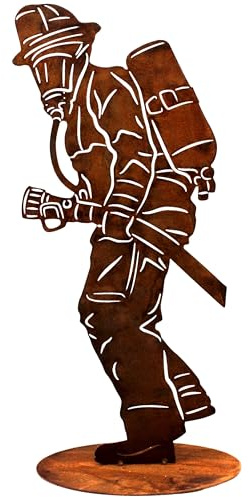 Rostikal Feuerwehrmann Figur 20 cm – Edelrost Gartendeko aus Metall - Handmade Feuerwehr Deko für Garten und Wohnzimmer Feuerwehr-Fans
