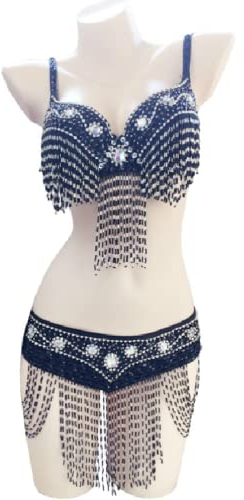 JRUIA Fransen Bauchtänzerin Kostüme Für Damen Karnevals Performance Tanz Outfits Bauchtanz BH Und Gürtel Bauchtanz 2 Teiliges Set,Schwarz,M