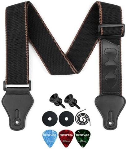 ROTOPATA Gitarrengurt Baumwolle Schwarz – Breit & Bequem, Verstellbarer Gitarren Gurt mit Plektrumhalter & Strap Locks für Akustikgitarre, E-Gitarre, Bass