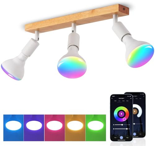 ANWIO LED Deckenstrahler Weiß Holz Deckenstrahler 3 Flammig Deckenlampe E27 Deckenleuchte LED deckenlampe schwarz Vintage Wandlampe mit 8.5W Smart Birne für Wohnzimmer Schlafzimmer Küche kinderzimmer