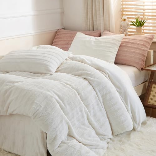 Nayoroom Plüsch Bettwäsche 135x200 4teilig Creme Weiß Winter Warme Flauschig Fleece Bettbezug und Kissenbezug 80x80 cm Oeko-Tex Zertifiziert Super Weich Winterbettwäsche Set Reißverschluss