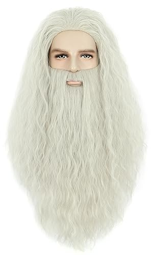karlery män lång lockig grå magisk peruk och skägg halloween cosplay kostym peruk