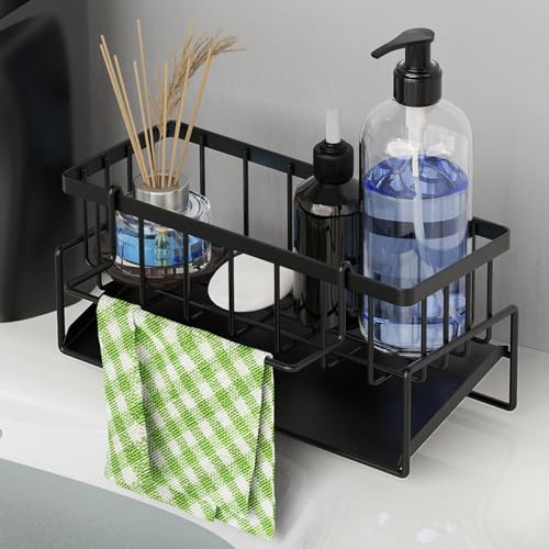 Anhow Spülbecken Organizer, Spülschwammhalter Küchen Organizer schmal mit Spültuchhalter Spüle Organizer mit Geneigte Ablaufschale - Schwarz