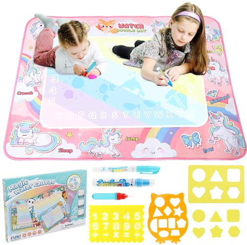 Agua Dibujo Pintura, Unicornio Alfombra Pintar Agua Niños, RISVOWO 80X100cm Pizarra Magica de Agua Reutilizable, Alfombra Agua de Dibujo, Libro Magico Pintar de Juguete Educativo para Niños de 3 a 8