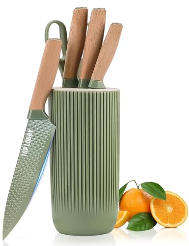 Messerset mit Messerblock Set, 6 teilig Küchenmesser Set Scharf, Antihaft Rutschfestes Edelstahl, Kochmesserset mit Universal Messerblock von Fleisch/Gemüse/Obst, das Scheiben (Grün)