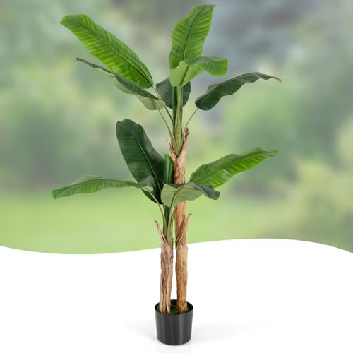 TANGZON 165CM/195CM Artificial Banana Tree, Faux Bird of Paradise Palm Tree in Pot with 10/27 Leaves, Indoor Outdoor Evergreen Potted Fake Plants for Home Office Decoration (1, 165CM, 2 Trunks)