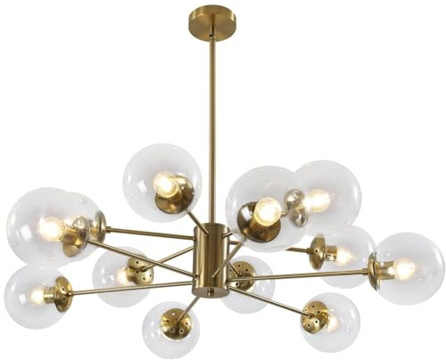 KCO Lighting - Lámpara de araña moderna Sputnik de 12 luces, lámpara de araña de cristal de burbujas transparente, de mediados de siglo, grande, con globo dorado, lámpara colgante de granja, comedor