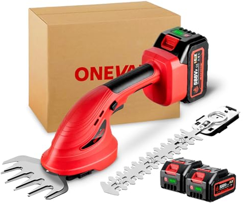 ONEVAN Heckenschere Akku 2-in-1 Gartenschere, Heckenschere Elektrisch Grasschere 110 mm und Strauchschere 200 mm, Rasenkantenschneider Akku Baumschere (Nur Maschine)
