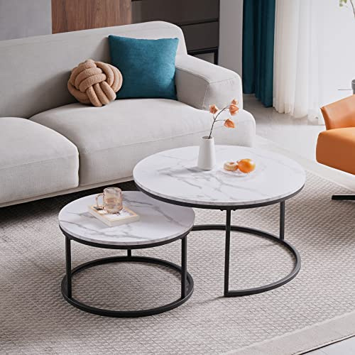 DEYARNA HOME Rund Satztische Couchtisch 2er Set, Moderner Nesting-Tisch mit Stabilem Metallgestell, Geeignet für Wohnzimmer, Balkon, Büro, Groß: 80 * 80 * 45cm; Klein: 60 * 60 * 35cm (Weiß/Schwarz)