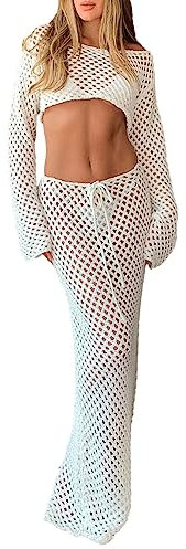Stricksets, zweiteiliger Rock, Outfits für Damen, ausgeschnittenes Langarm-Crop-Top, figurbetontes Maxikleid, 2-teiliges Sommer-Set, weiß, M