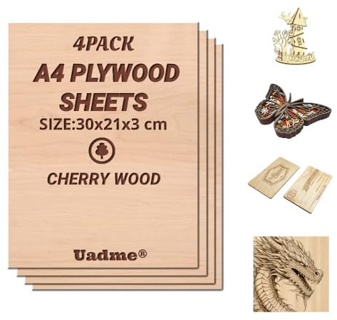Uadme Compensato Incisione, Compensato di Ciliegio A4, 4 Pezzi 3mm Fogli di Legno Sottili, per Bricolage Pirografia Traforo Laser, 297 mm x 215 mm x 3 mm