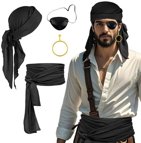 ASFWAGQ 3 Stück Piraten Kostüm Piraten Accessoires Piratenkostüm mit Augenklappe Kopftuch Piratentuch Schärpe Frauen Männer Pirat Captain Dress Up Set für Karneval Halloween Party
