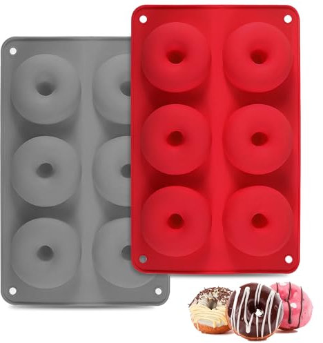 2 Pack Doughnut Mould, 6 Cavity Silicone Donut Molds Non Stick Donut Pan for Baking Mini Doughnut Tray Ring Cake Tins (Red+Grey)