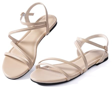 YANWENFANG Women Strappy Flat Sandals, Leather Dressy Summer Slides, Cream, 4.5 UK