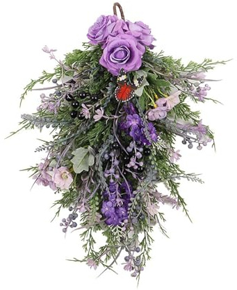MISNODE Blumen-Swags in Tropfenform für die Haustür, Künstlicher Blumen-Swag-Kranz mit Rosen-Hyazinthen-Beeren, Frühlings-Sommer-Tropfen-Swag für die Haustür, Wandbehang für die