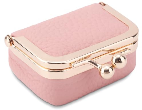 BOXOB Mini Genuine Leather Jewellery Box, Jewellery Organiser, Small Portable Jewellery Case with Kiss Clasp for Rings, Necklaces, Earrings, Bracelets for Women and Girls (Pink)
