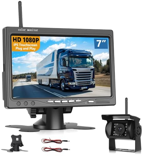 IPS Digital Kabellos Rückfahrkamera Set Unterstützt 2 Kameras, Motorsi 7 Zoll Funk Rückfahrkameras mit Wireless Einparkhilfe, Wasserdicht IP68, Nachtsicht, Anti-Interferenz für LKW Wohnwagen Anhänger