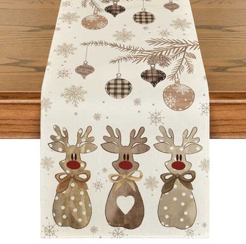 Artoid Mode Renos, copos de nieve, bolas de Navidad, Navidad, camino de mesa, decoración de mesa de invierno, cocina, decoración para fiestas y vacaciones, 40x140 cm