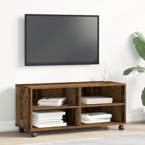 HETFTJN Mobile TV in Legno Massello Recuperato con Ruote, 90x35x35 cm, Marrone, Design Rustico per Soggiorno Moderno, Mobile Porta TV Multifunzionale per Hi-Fi e Giradischi