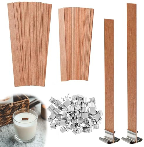 Uoimky 60 Stück Kerzendocht aus Holz mit 60 Stück Metallbasis, Holzdocht Kerze Rauchfreie Holzdochte für Kerzen Dochte für Kerzenherstellung und Kerze DIY Handwerk