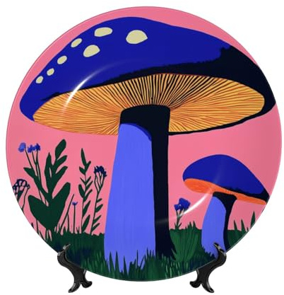 Assiettes décoratives en porcelaine anglaise avec support, champignon bleu, assiette de présentation ronde pour cuisine, salle à manger, armoire à vin, décoration d'intérieur, 20 cm