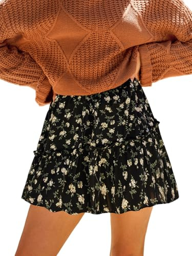 CUPSHE Mini jupe à volants pour femme - Imprimé floral - Élastique - Taille haute - Coupe trapèze - Style décontracté, Noir , M