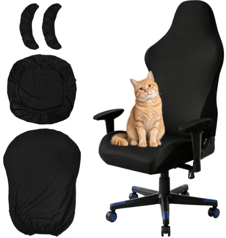 Funda para Silla Gaming Negro 4 Pcs Ajuste Elásticas para Sillas de Oficina | Cubierta Protectora con Reposabrazos, Extraíble, Lavable, Transpirable, para Silla de Ordenador/Gaming, Silla Giratoria