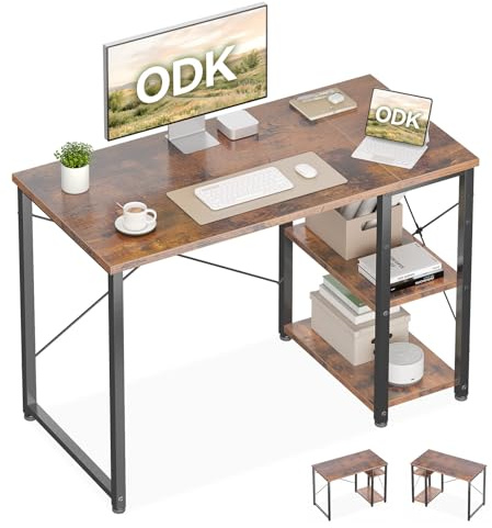 ODK Escritorio con Estantería Reversible, 100x48cm, Marrón | Escritorio Ahorrar Espacio, Mesa de Estudio Compacta con Estantes de Almacenamiento para Oficina en Casa, Dormitorio