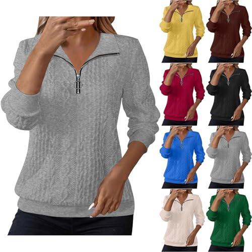 Sweatshirt dam utan huva varm bomullströja dam bomull elegant tröja nedvikbar krage tröjor med ränder tröja kvarts dragkedja tröja termisk stickad tröja långärmad sportskjorta elegant, Himmelsblå, M