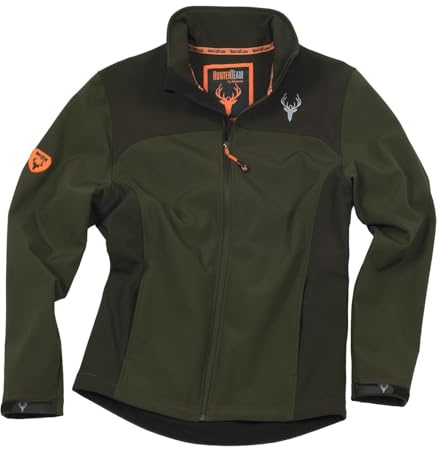 WORKTEAM Cazadora Softshell para Caza y Pesca, Cuello Alto, Bolsillos Con Cremallera, puños ajustables, Unisex Verde Caza+Marrón-XL
