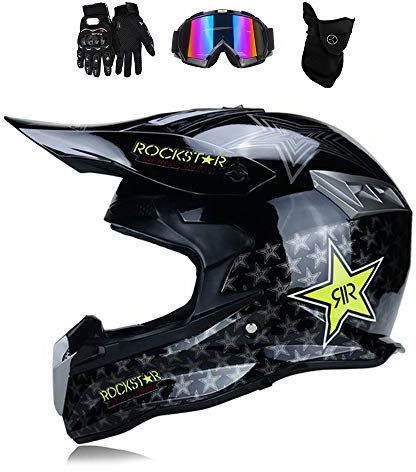 MRDEAR Casque Cross Homme Noir/ Rockstar, Casque Motocross Adulte avec Goggle Gants Masque, Casque VTT Integral BMX Off-Road Road Race Downhill Casque de Route avec Doublure Amovible,M